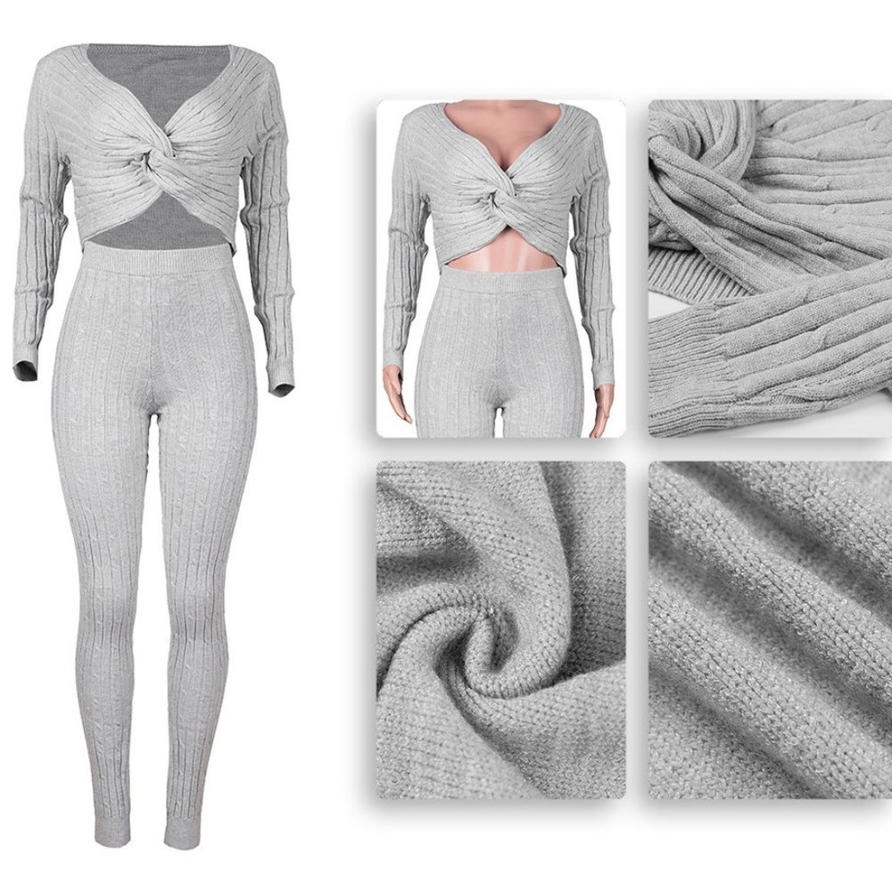 Sexy Solid Color Sweater Two Piece Set - Picture 2 of 4